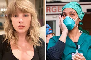 Taylor Swift next to a crying medical worker