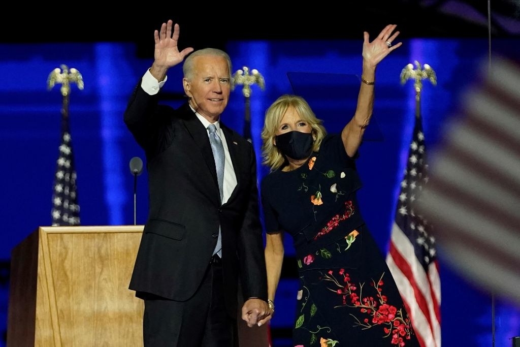 Joe Biden and Dr. Jill Biden waving the crowd after Joe was declared the winner of the US presidential election.