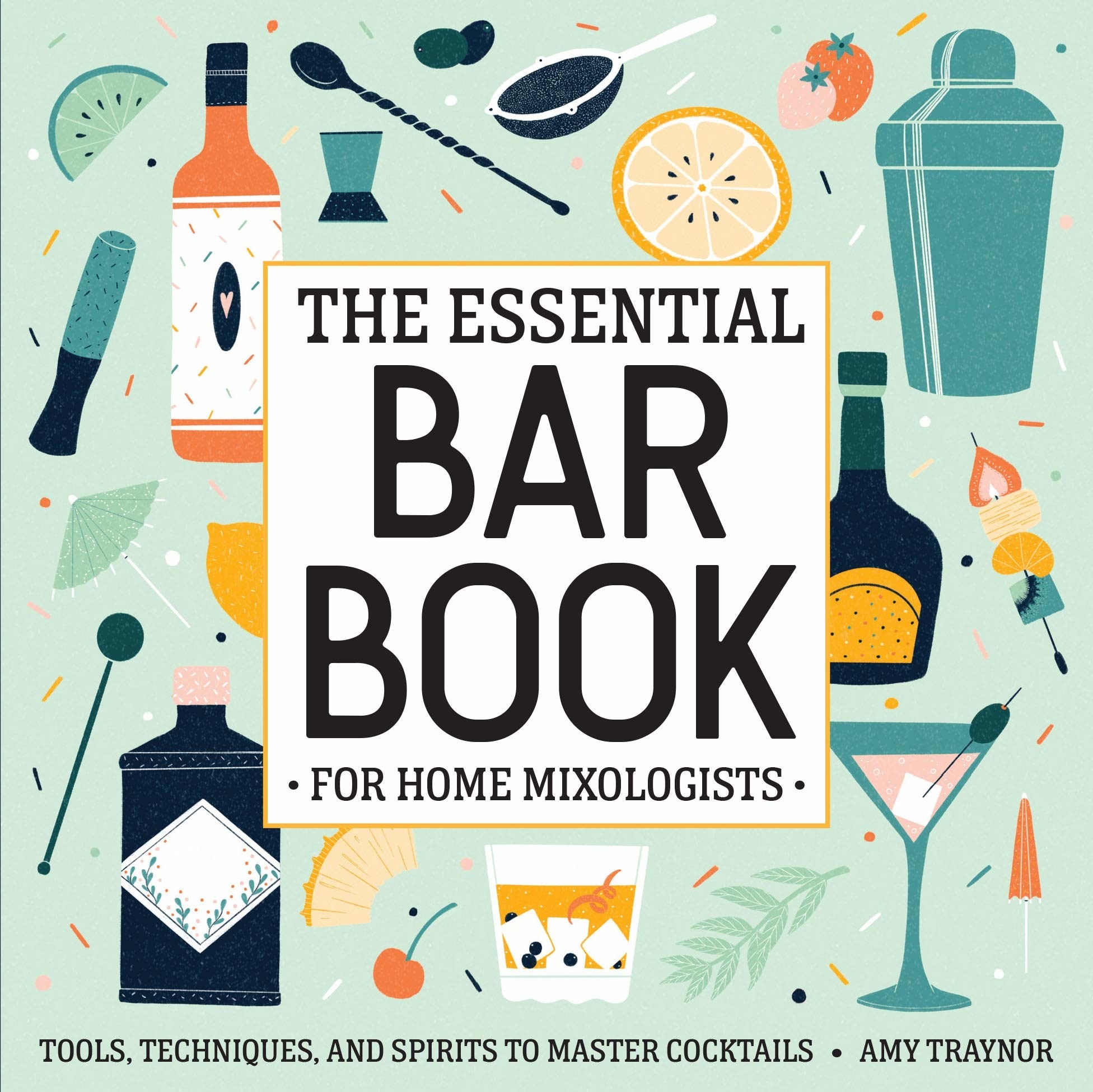 The aqua cover of the bar book with black letter and colorful pinks, aqua and orange drinks 