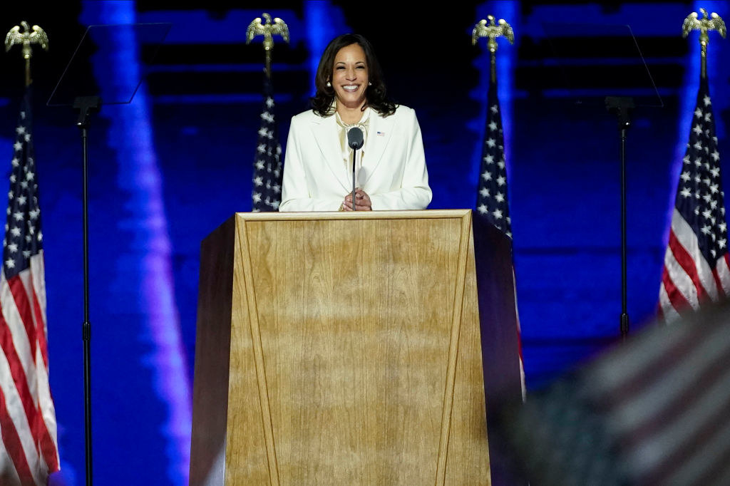 Vice President-elect Kamala Harris delivers remarks in Wilmington, Delaware, on November 7, 2020, after being declared the winners of the presidential election