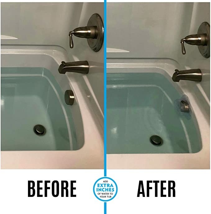 a split shot of a bathtub filled with water before and after the use of an overflow drain