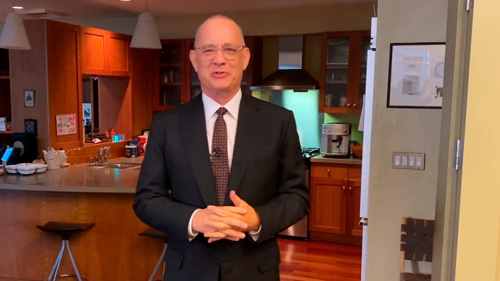 Tom Hanks in his kitchen hosting the opening of Saturday Night Live at Home