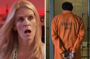 A shocked face next to a prisoner in handcuffs