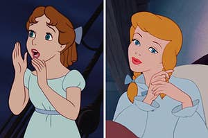 Wendy from "Peter Pan" is yelling on the left with Cinderella playing in her hair on the right