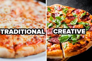 traditional label over plain pizza and creative label over meaty pizza