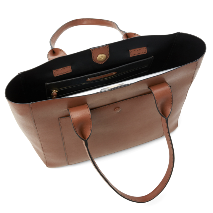 Interior of large cognac east-west tote bag 