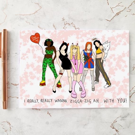 A card with a white-and-pink marbled background and full-color drawings of the Spice Girls, with the words "I really, really wanna zigga-zig ah...with you!" written in black on the botttom
