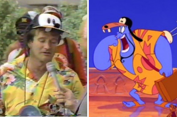 Robin Williams in real life wearing a patterned shirt and Goofy hat, and the Genie from "Aladdin" wearing the same outfit