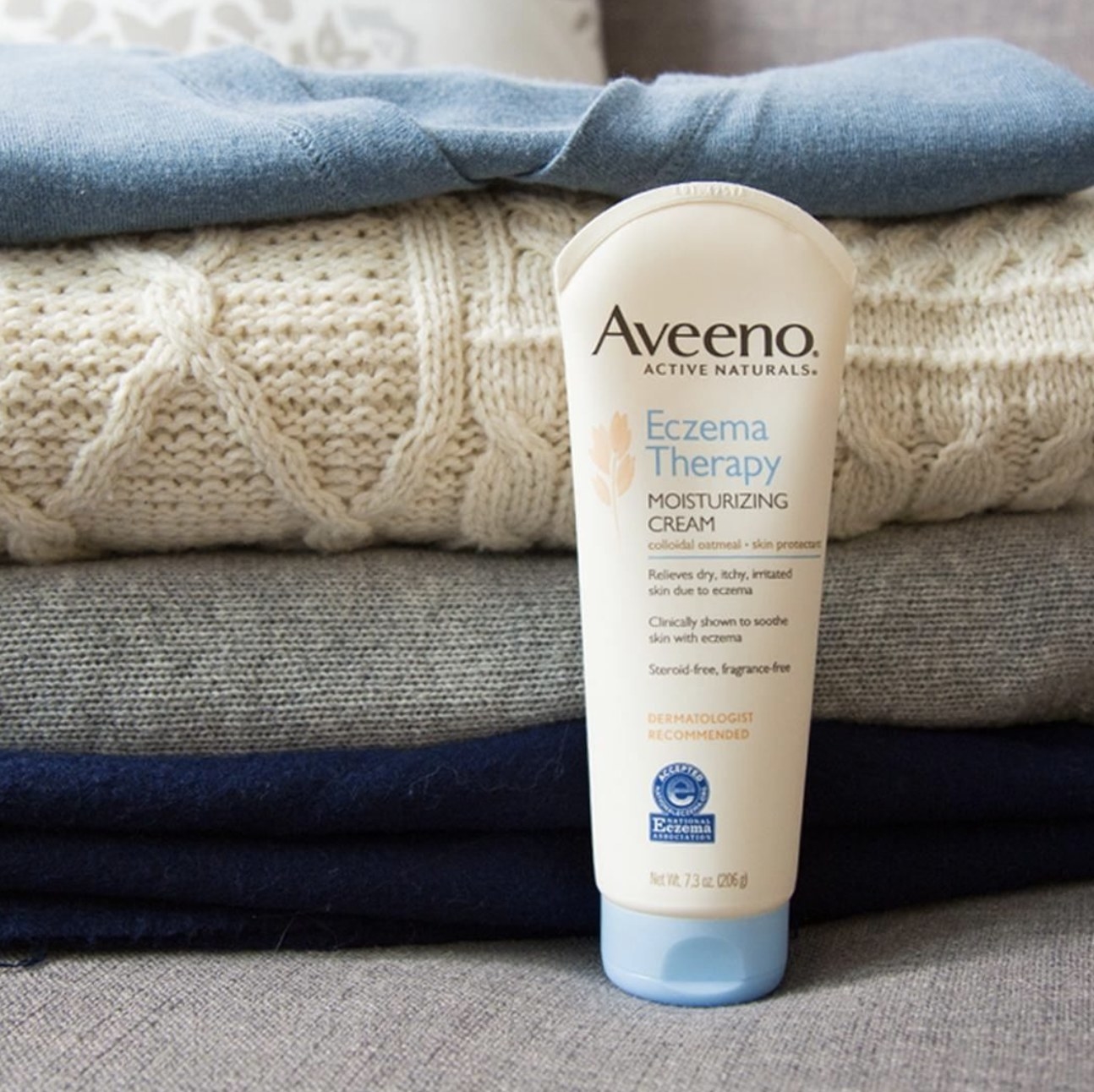 Aveeno Active Naturals Eczema Therapy Moisturizing Cream relieves dry, itchy, irritated skin due to eczema and is clinically shown to soothe skin with eczema and is steroid- and fragrance-free