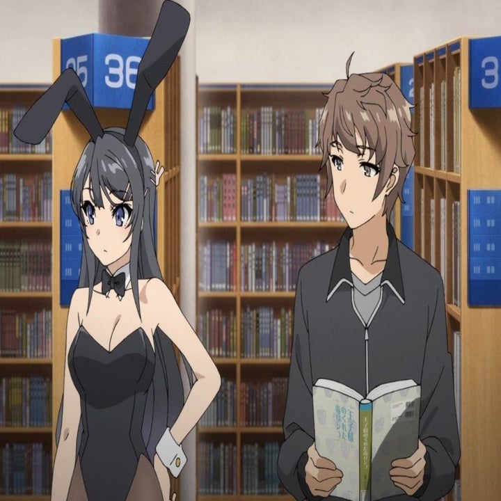 Sakuta Azusagawa and Mai Sakurajima; they're in a library and Mai is dressed in a bunny girl costume