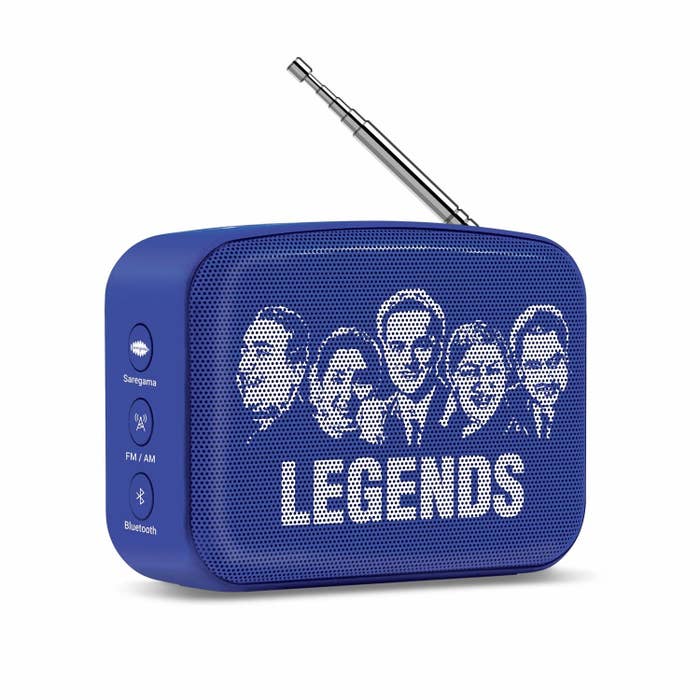 Blue Bluetooth speaker with Bollywood legends on it