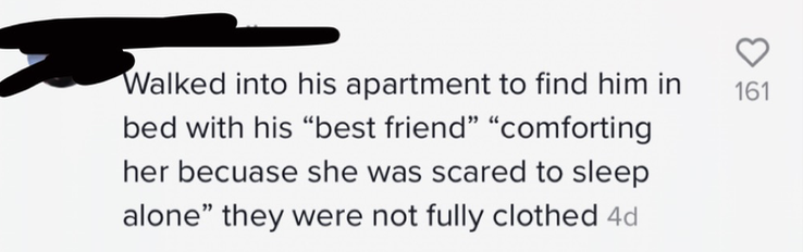 Comment saying, &quot;Found him comforting his best friend in bed and they were not fully clothed.&quot;