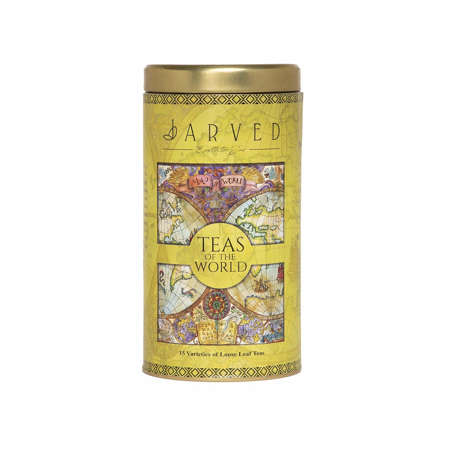 Yellow tin box that contains teas of the world