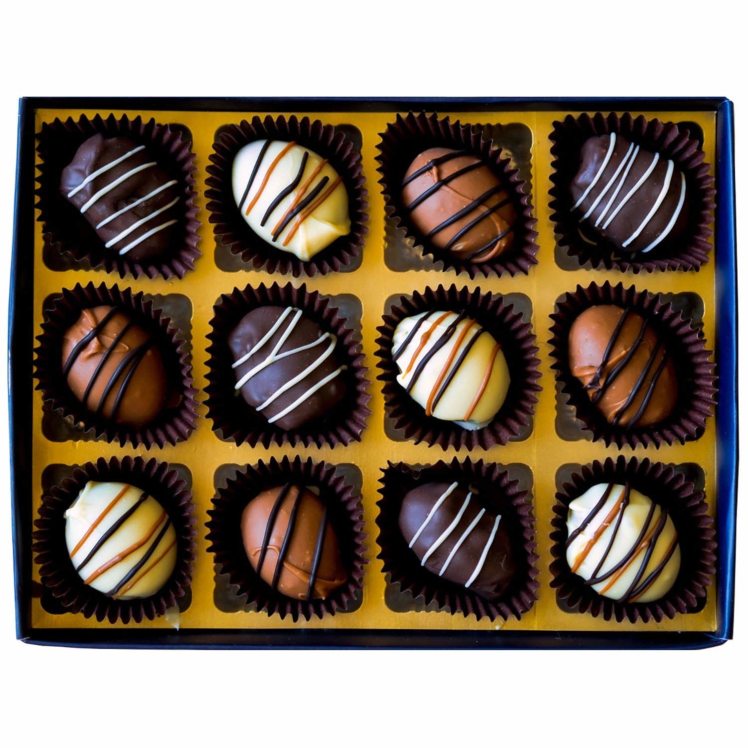 Date and almond chocolates in a box