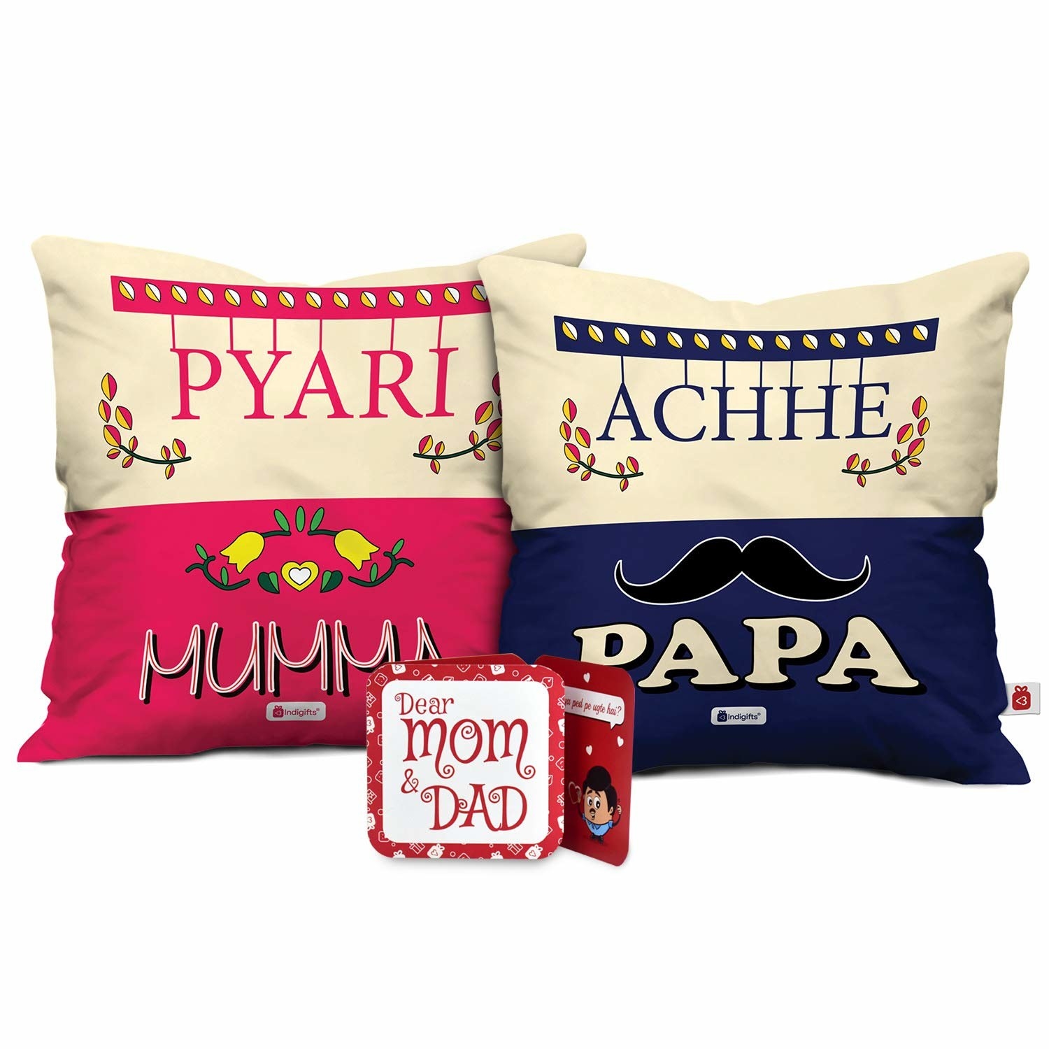 Pink and blue cushions with Pyari Mumma and Achhe Papa written on them