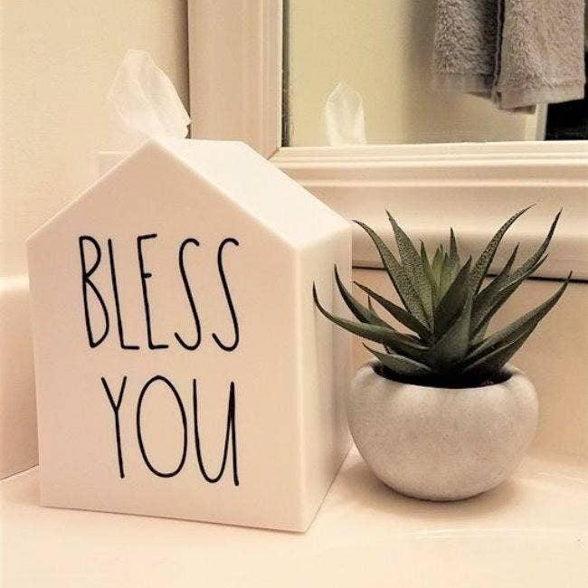 the house-shaped tissue box. with a bless you sticker on the side