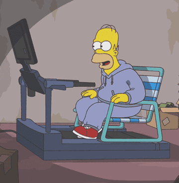 Home from &quot;The Simpsons&quot; sitting on a chair on a treadmill in sweats
