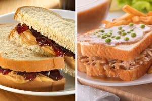 Peanut butter jelly sandwich and a hot chicken sandwich topped with gravy and peas