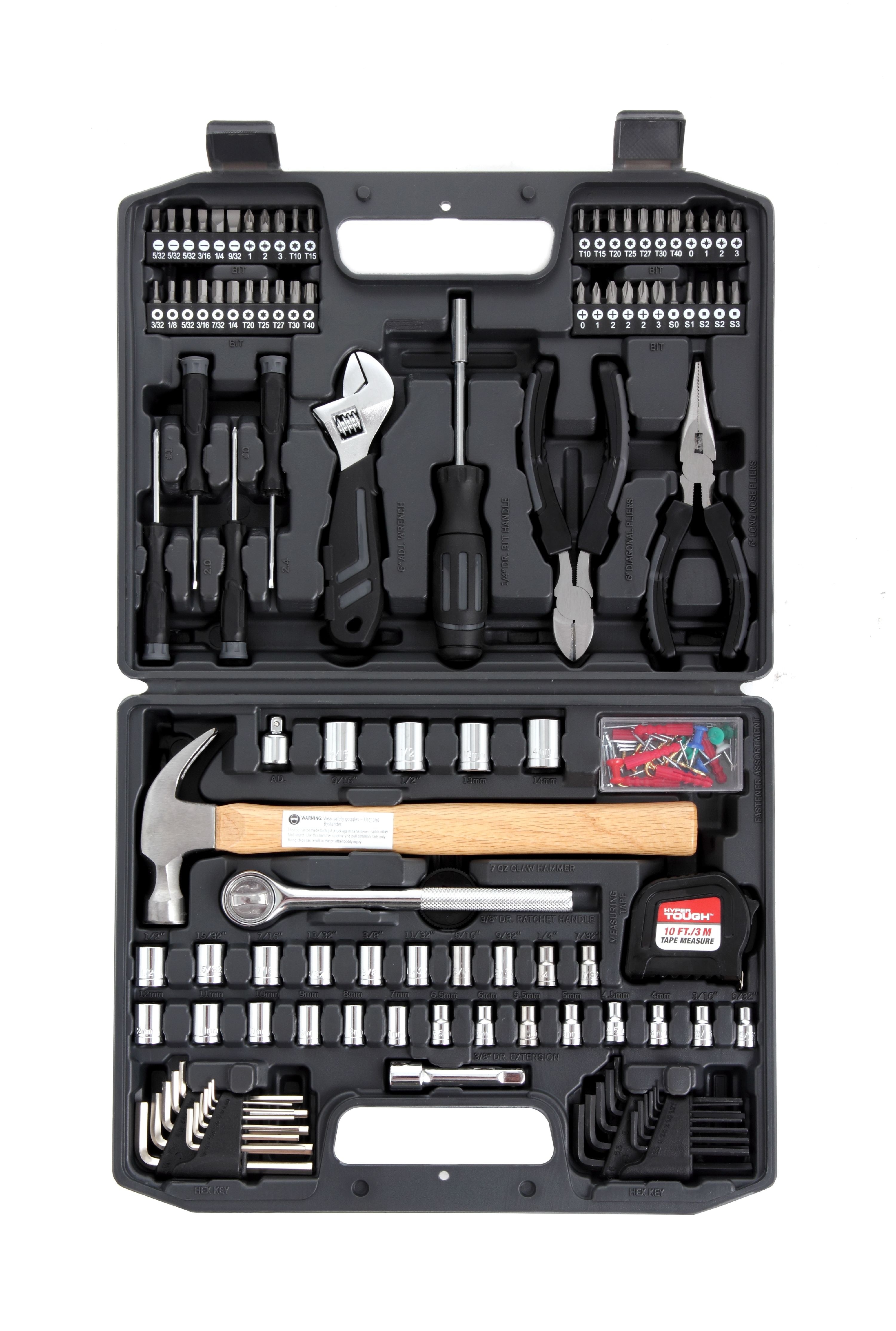 116-piece toolkit including hammer, screwdrivers, bolts, and more