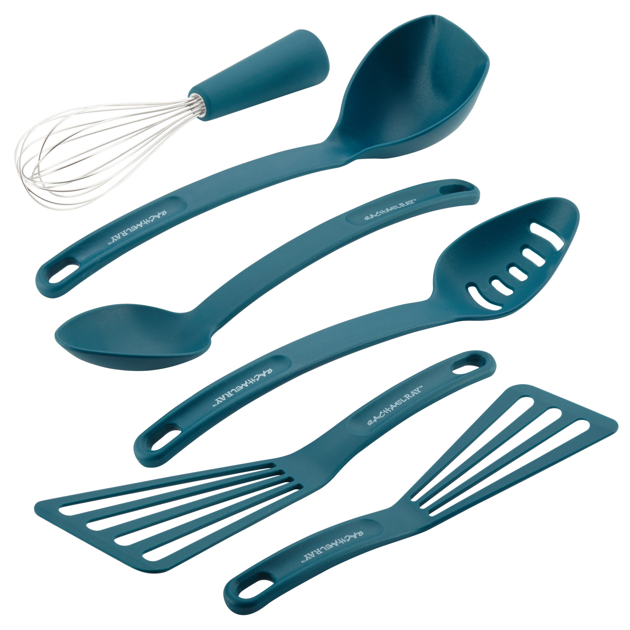 teal silicone tools include whisk, spatula, spoons