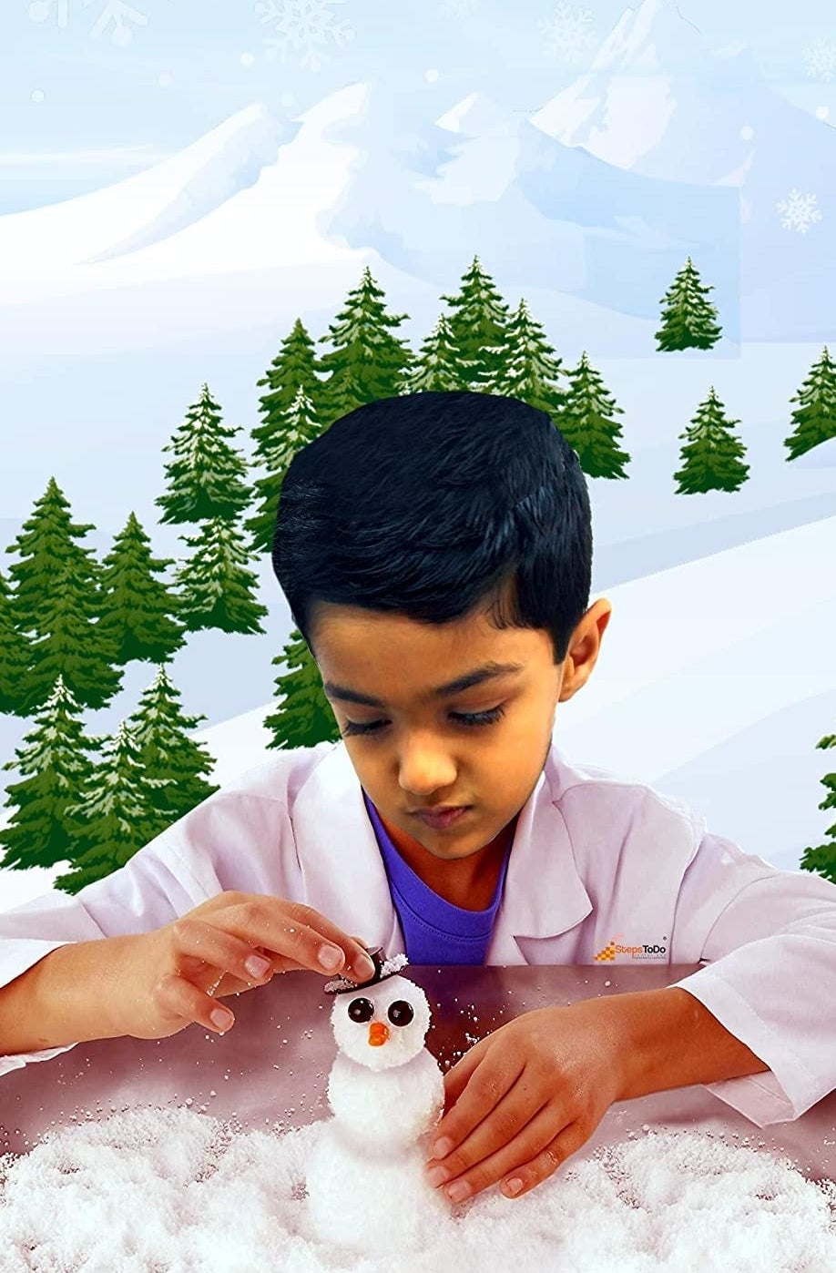 A child building a snowman out of fake snow.