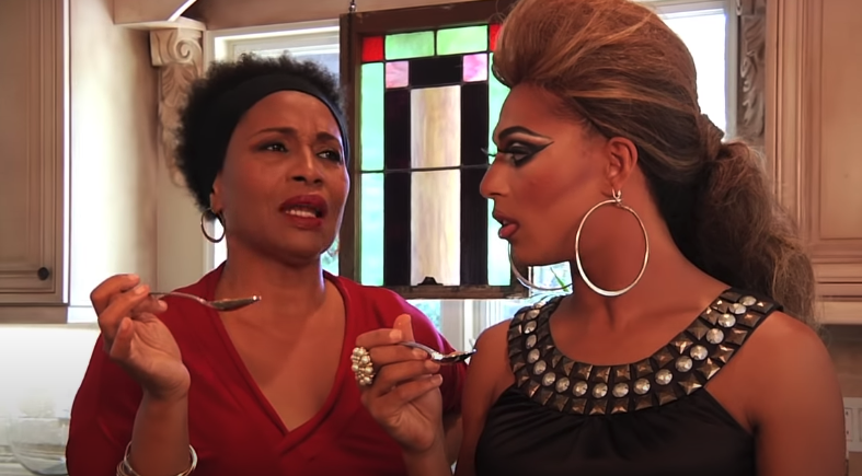 Jenifer Lewis and Shangela taste-testing a meal in their kitchen in 2012