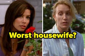 a woman leans forward, smelling a flower. next to her is a woman who looks tired. above the image is the question, "worst housewife?"