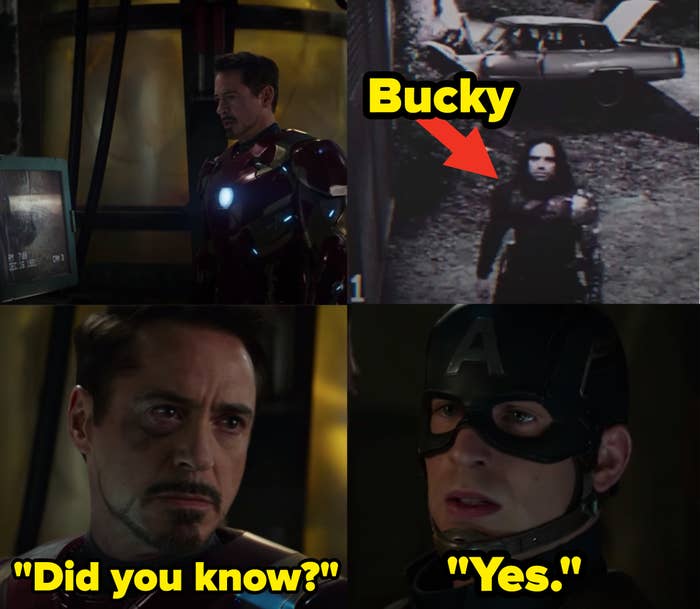 Chris Evans as Steve Rogers / Captain America, Robert Downey Jr. as Tony Stark / Iron Man, and Sebastian Stan as Bucky Barnes / Winter Soldier in the movie "Captain America: Civil War."