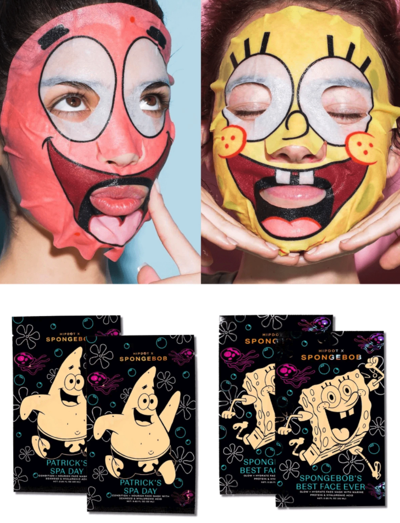 Models wearing the Patrick and Spongebob face masks