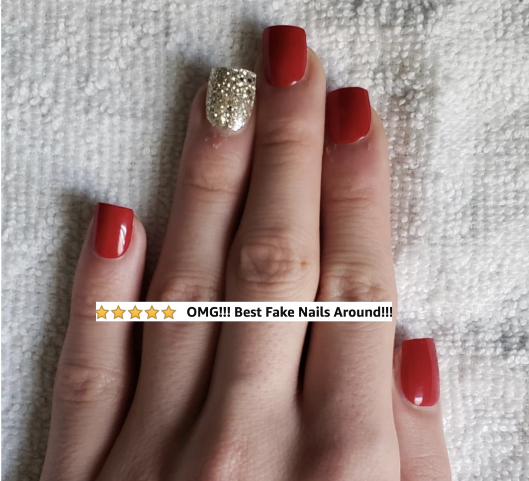 reviewer wearing red press-on nails 