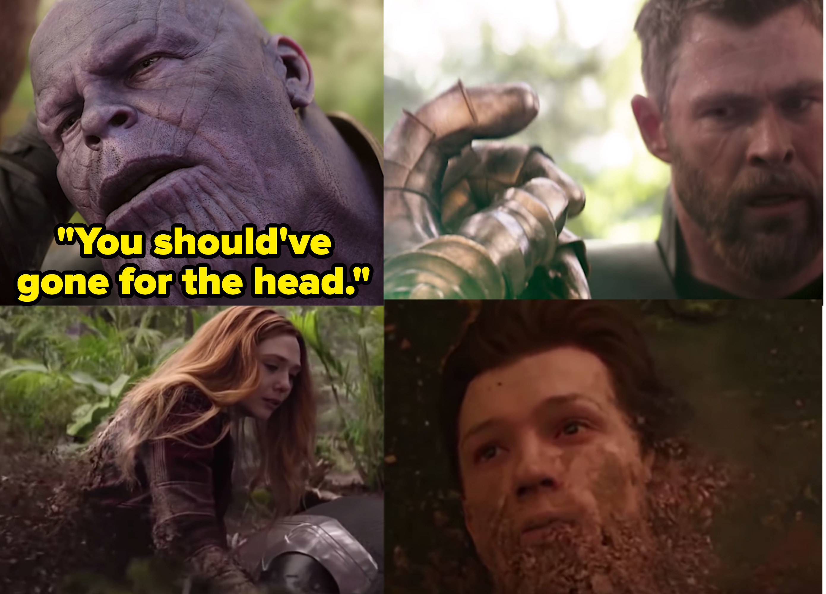 Chris Hemsworth as Thor, Tom Holland as Peter Parker / Spider-Man, Elizabeth Olsen as Wanda Maximoff / Scarlet Witch, and Josh Brolin as Thanos in the movie &quot;Avengers: Infinity War.&quot;