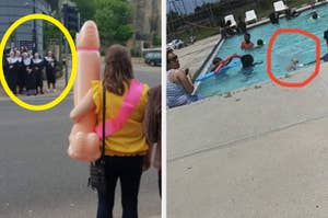 Nuns across street from woman with a blow up doll and a dog in a pool