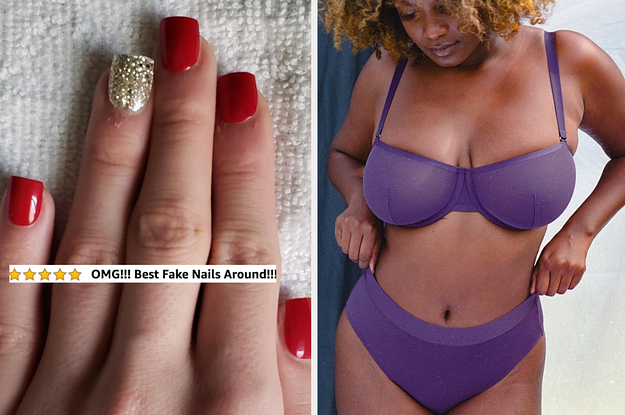 reviewer with red press-on nails on left and on right two lingerie sets