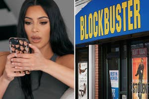 Kim Kardashian looking shocked at her phone, and a Blockbuster storefront