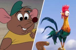 Gus from "Cinderella" is on the left with Hei Hei looking on the right