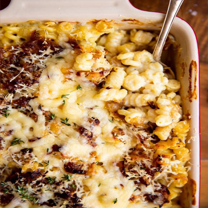 A pasta bake with goat cheese and caramelized onions.