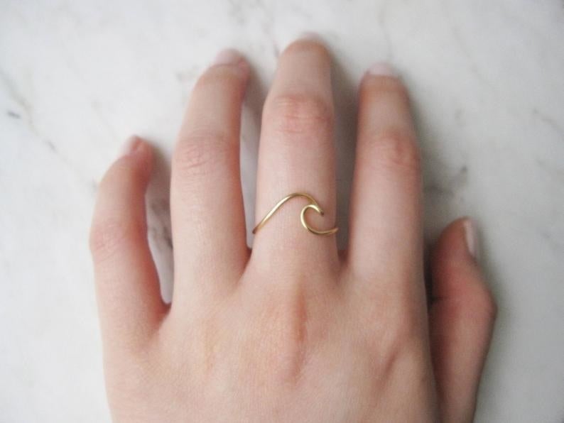 The ring on a person's hand on their middle finger