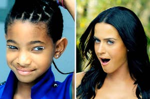 Willow Smith is holding her hair on the left with Katy Perry singing on the right