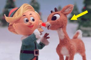 Rudolph from Rudolph the Rednose Reindeer with an arrow pointing at him