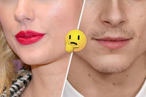 Two pairs of lips with a thinking emoji in between the images