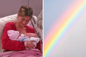 On the left, Rachel from "Friends" holding baby Emma, and on the right, a rainbow shooting across the sky