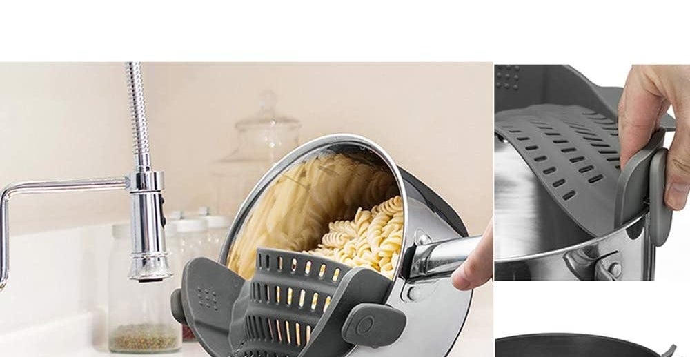 person pouring pasta water out of a pot of pasta using the colander and the person clipping it onto the pot