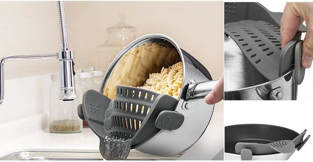 person pouring pasta water out of a pot of pasta using the colander and the person clipping it onto the pot