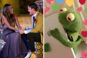 Tayshia and Ben hold hands and kermit hugs a phone lovingly
