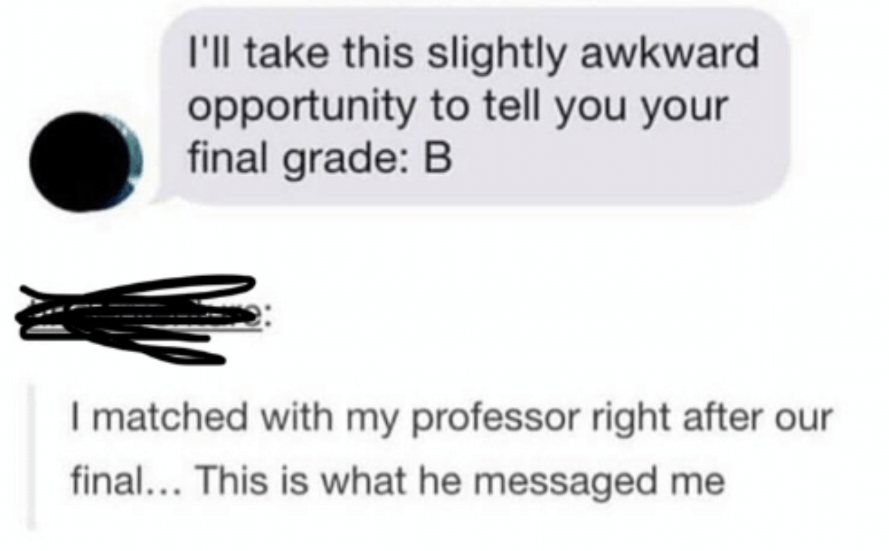 tindr conversation of someone matching with their professor on tindr
