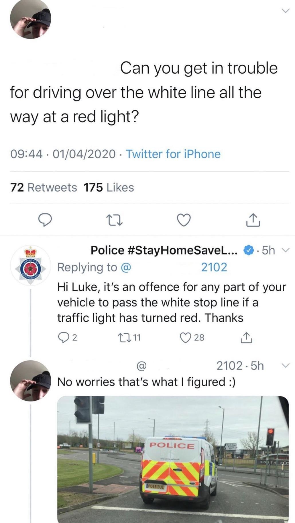 person calling out a police truck for breaking the law