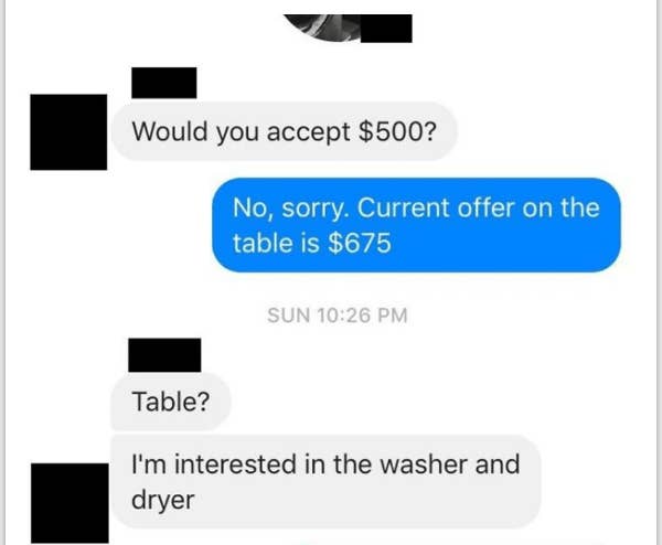 facebook conversation of someone mixing up on the table for being a literal table
