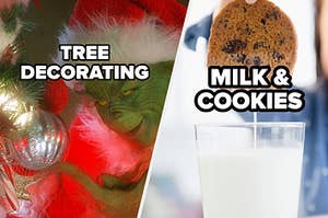 tree decorating screenshot of grinch at a tree and milk and cookies