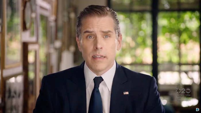 Hunter Biden wears a suit with a US flag pin, addressing the camera