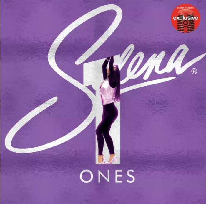 Purple cover of album featuring Selena standing inside a number 1 